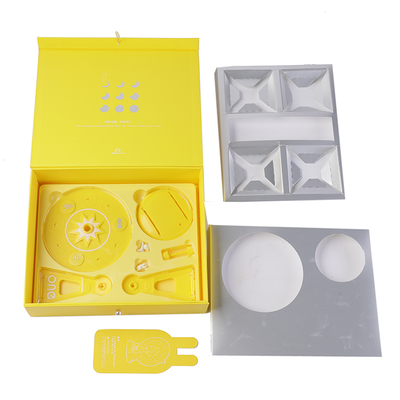Complex yellow mailer box with inserts