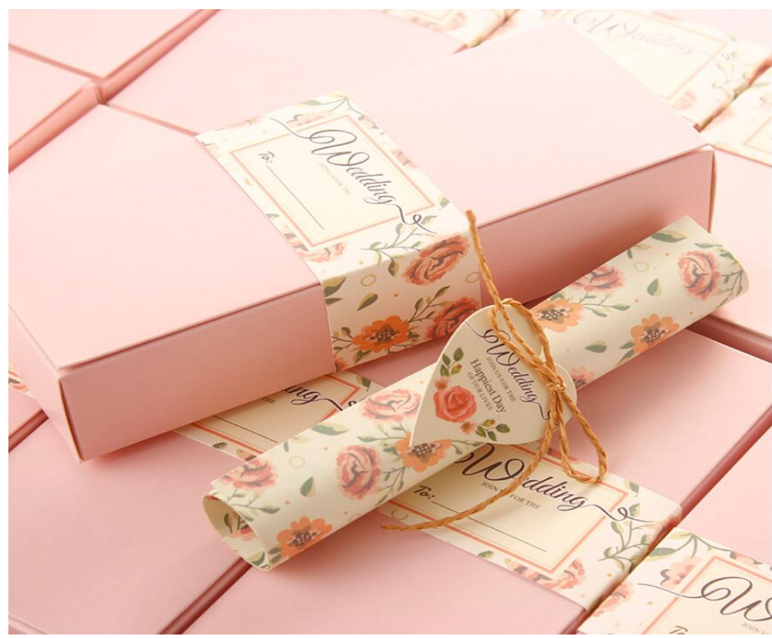 Custom pink wedding event box with ribbon